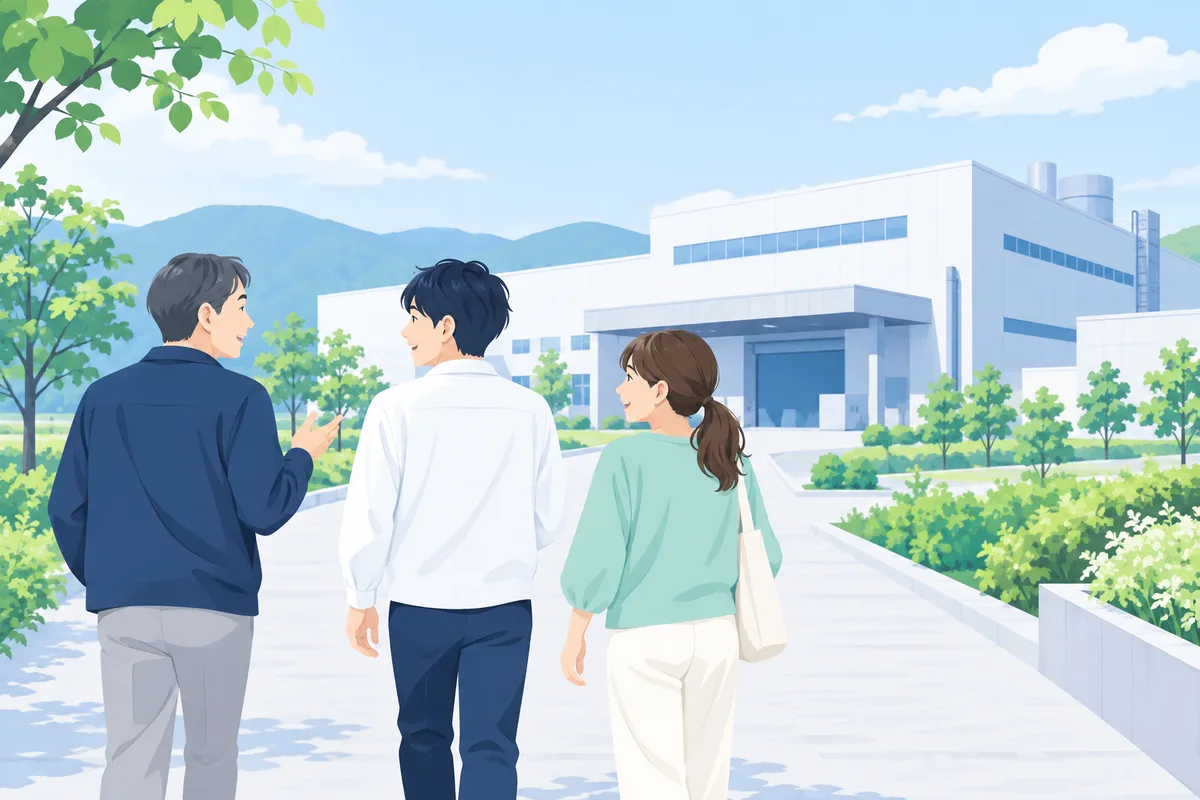 家族や友人と一緒に工場へ向かうイラスト