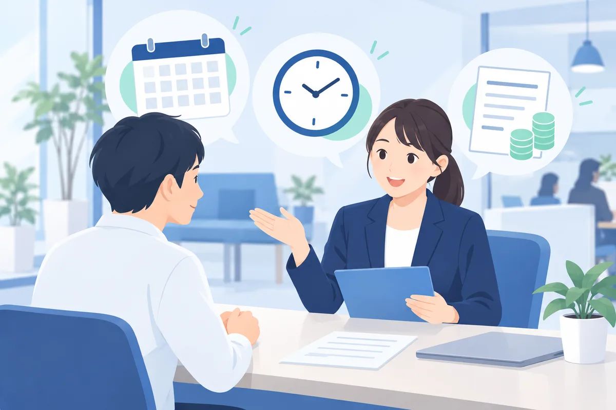 働き方と条件の説明を聞く参加者のイラスト